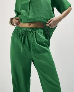 Green Linen Blend Drawstring Tapered Trousers