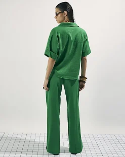 Green Linen Blend Drawstring Tapered Trousers