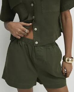 Green Linen Blend Pull On Shorts