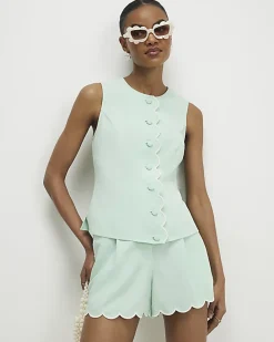 Green Linen Blend Scallop Trim Waistcoat