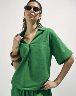 Green Linen Blend Short Sleeve Shirt