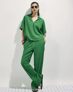 Green Linen Blend Short Sleeve Shirt