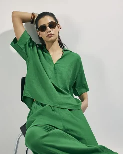 Green Linen Blend Short Sleeve Shirt