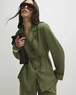 Green Long Sleeve Tie Waist Shacket