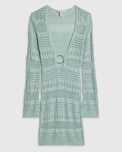 Green Metallic Knit Mini Beach Dress