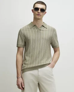 Green Pinstripe Open Collar Knit Shirt