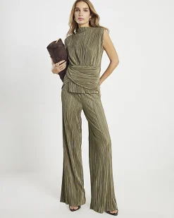 Green Plisse Wide Leg Trousers