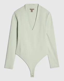 Green Plunge Neckline Long Sleeve Bodysuit