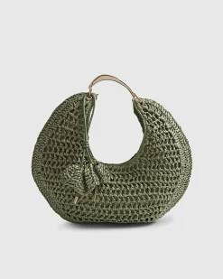 Green Raffia Metal Handle Scoop Bag