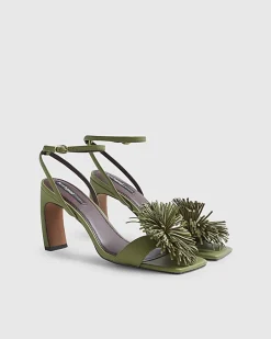 Green RI Studio Leather Pom Pom Heeled Sandal