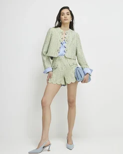 Green Scallop Trim Boucle Shorts