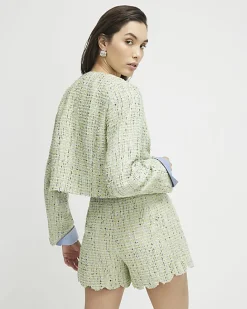 Green Scallop Trim Boucle Shorts