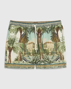 Green Short Length Palm Print Swim Shorts