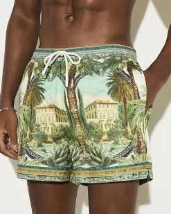Green Short Length Palm Print Swim Shorts