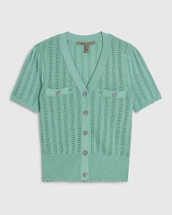 Green Short Sleeve Crochet Knit Cardigan
