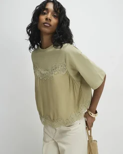 Green Short Sleeve Lace Detail T-shirt