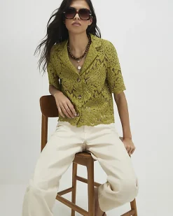 Green Short Sleeve Lace Shirt
