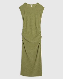 Green Short Sleeve Texture Ruched Midi Dress
