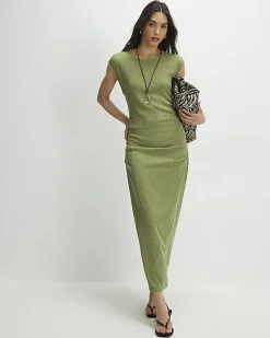 Green Short Sleeve Texture Ruched Midi Dress