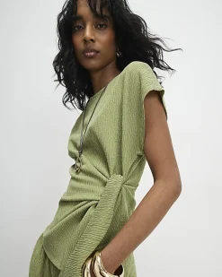 Green Short Sleeve Textured Twist Front Top