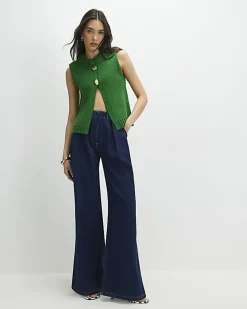 Green Sleeveless Button Cardigan
