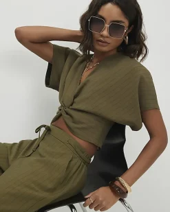 Green Stripe Knot Front Tailored Top