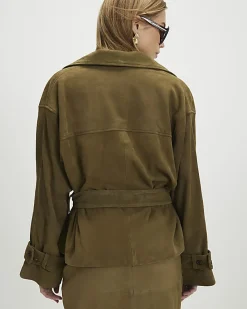 Green Suede Cropped Trench Coat