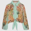 Green Tie Front Embroidered Cutwork Shirt