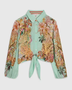 Green Tie Front Embroidered Cutwork Shirt