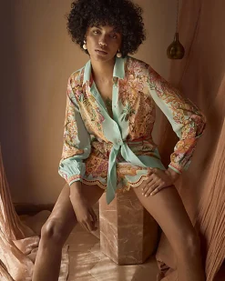 Green Tie Front Embroidered Cutwork Shirt