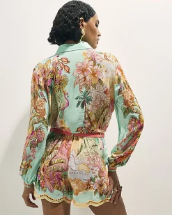 Green Tie Front Embroidered Cutwork Shirt