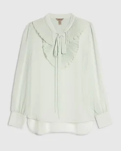 Green Tie Neck Long Sleeve Blouse