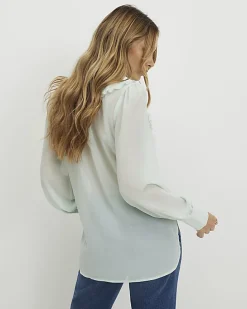 Green Tie Neck Long Sleeve Blouse