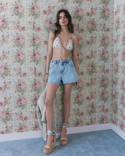 Green Triangle Floral Lace Trim Bikini Top