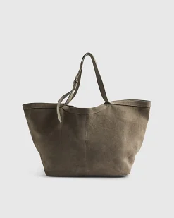 Grey Buckle Handle Suede Shopper Bag