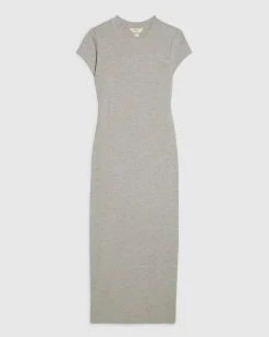 Grey Cap Sleeve Rib Midi T-Shirt Dress
