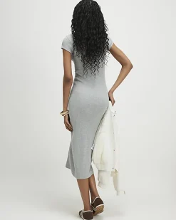Grey Cap Sleeve Rib Midi T-Shirt Dress