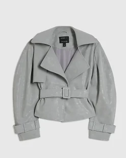 Grey Faux Leather Cropped Belted Trench Coat