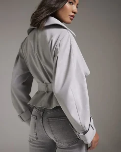 Grey Faux Leather Cropped Belted Trench Coat