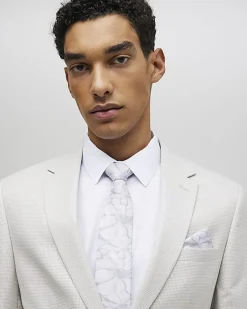Grey Floral Tie And Handkerchief Set