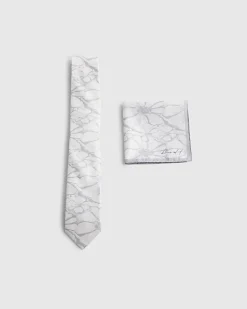 Grey Floral Tie And Handkerchief Set
