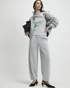 Grey Interlock Barrel Leg Trousers