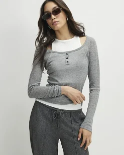 Grey Long Sleeve 2 in 1 Layered Top