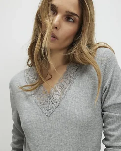 Grey Long Sleeve Ribbed Lace Trim Top