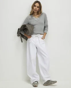 Grey Long Sleeve Ribbed Lace Trim Top