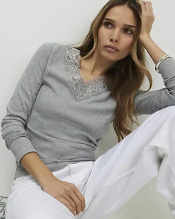 Grey Long Sleeve Ribbed Lace Trim Top