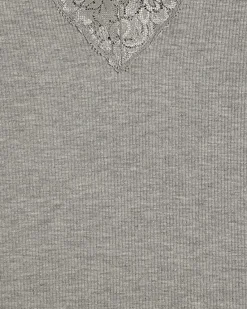 Grey Long Sleeve Ribbed Lace Trim Top