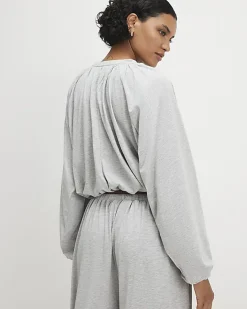 Grey Long Sleeve Ruched Bubble Hem Top