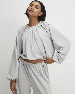 Grey Long Sleeve Ruched Bubble Hem Top