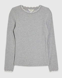 Grey Long Sleeve Scallop Trim Top